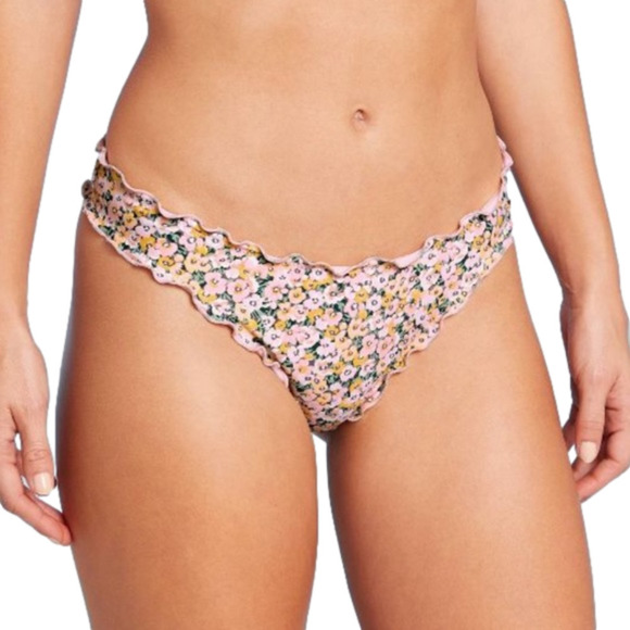 WOMEN'S Ruffle Cheeky Bikini Bottom Shade & Shore Yellow pink Floral - Picture 1 of 5